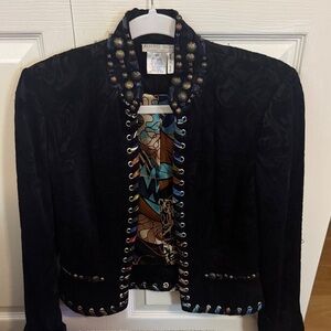 Alberto Makali Black Brocade Velvet Jewel Stud Embellished Cropped Jacket